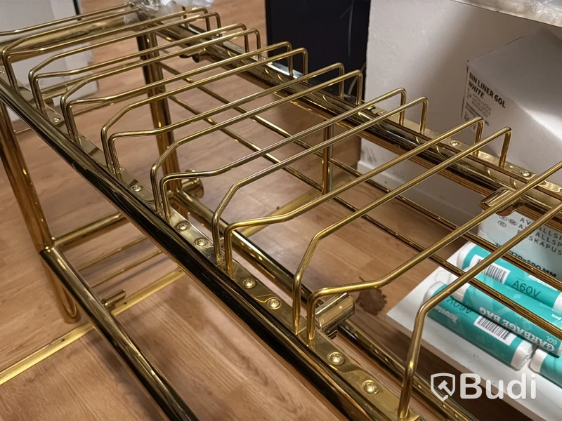 Backbarhylla i mässing med glashäng, 2 meter