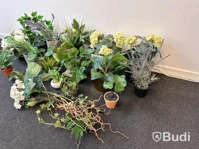 Parti med krukor, vaser och plastblommor