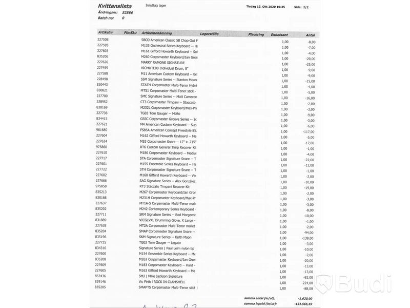 2st Pall med trumtillbehör m.m. från Märket Vic Firth, trumstockar,  m.m. Totalt lagervärde 131 565 SEK
