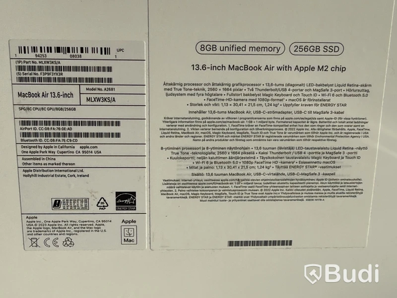 MacBook Air M2, 13,6 tum, 8 GB, 256 GB