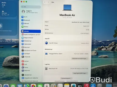 MacBook Air M3, 13,6-tum Retina-skärm, 256 GB SSD, 8 GB RAM