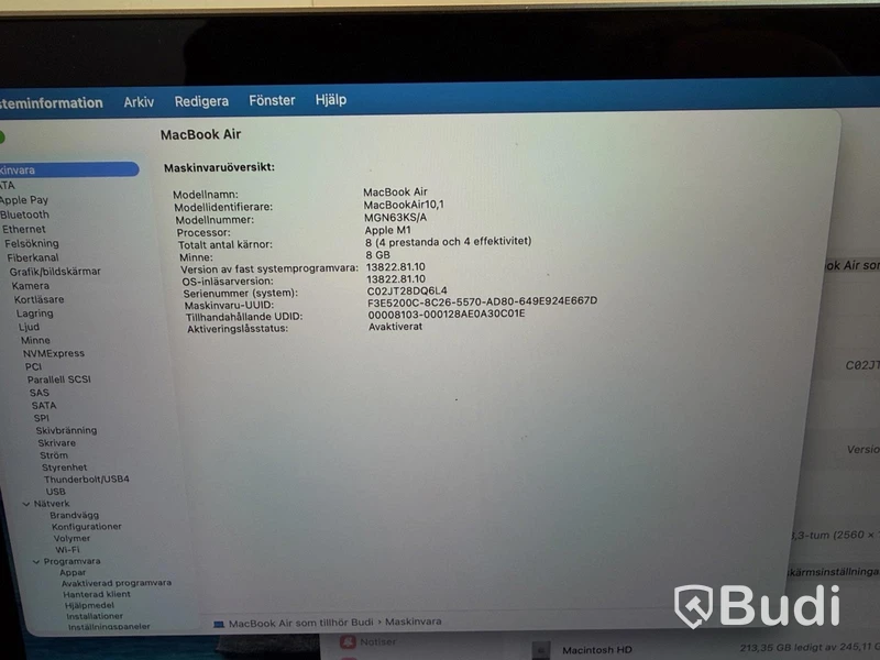 MacBook Air Apple M1, 8 GB RAM, 256 GB SSD