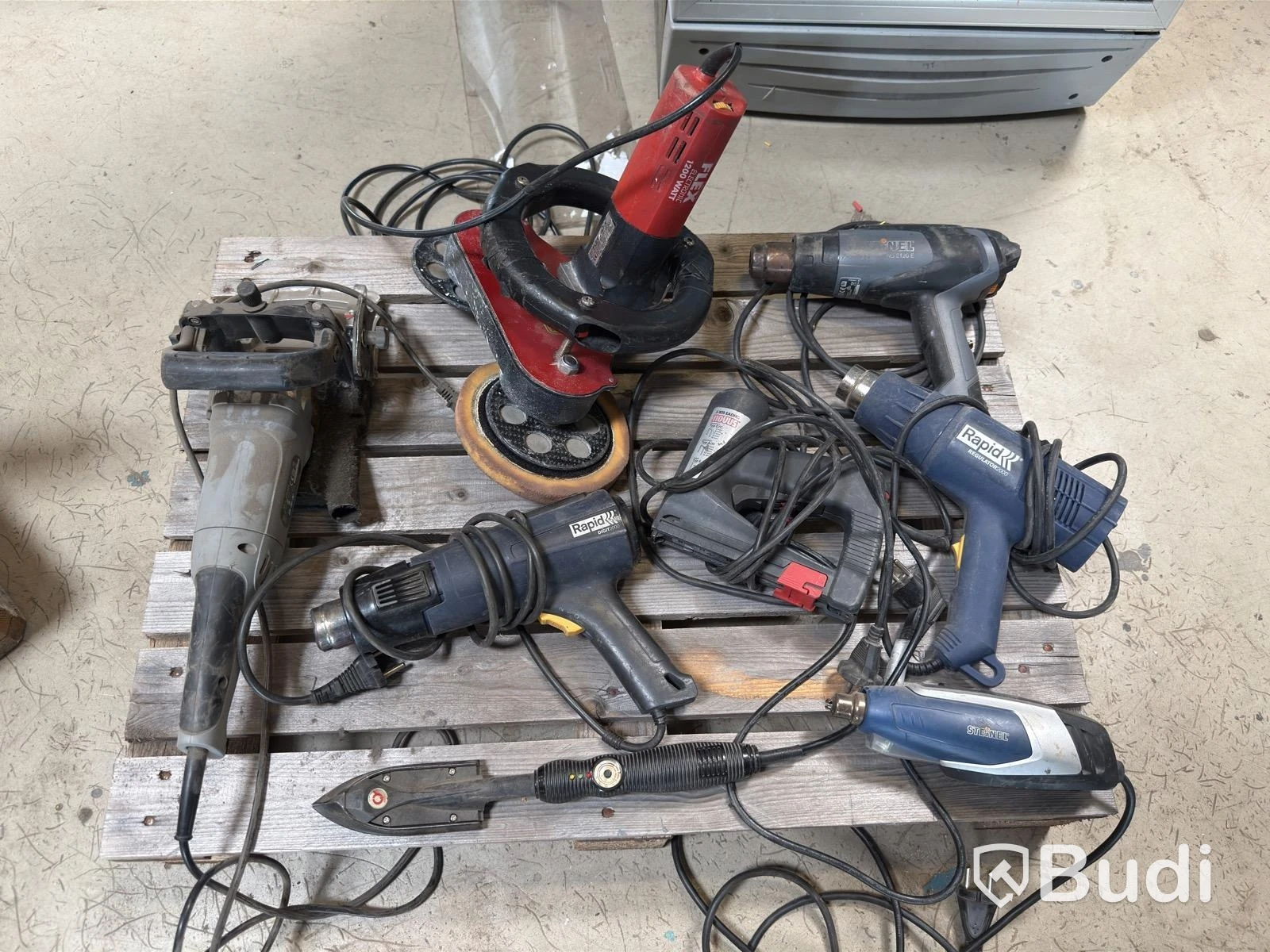 Assorted power tools, including heat guns and a polisher