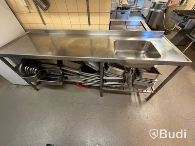 Stainless steel workbench with sink, 220×65 cm
