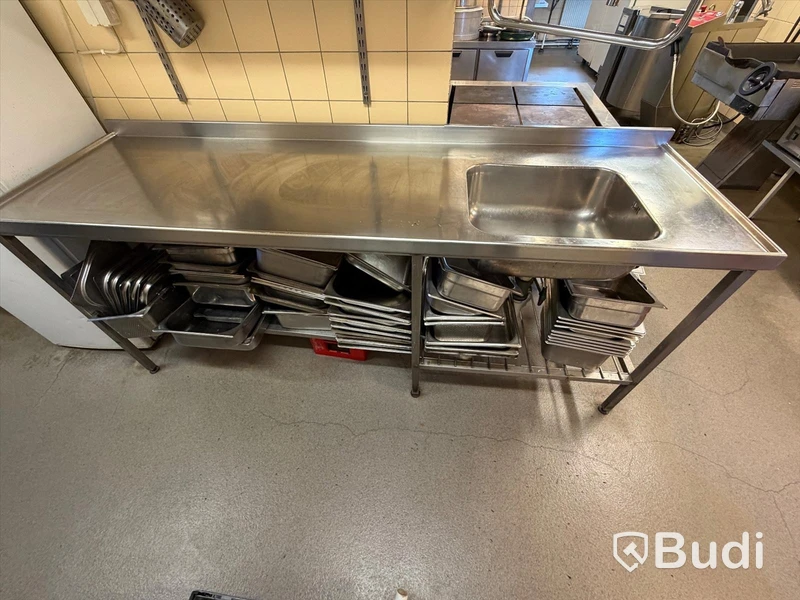 Stainless steel workbench with sink, 220×65 cm