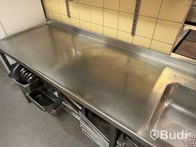 Stainless steel workbench with sink, 220×65 cm