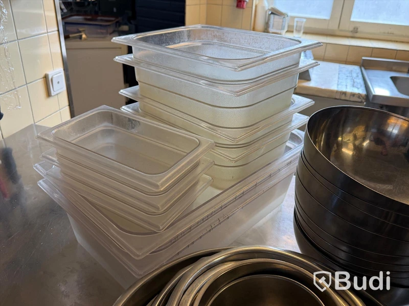 Lot of assorted plastic gastronorm pans and stainless steel bowls