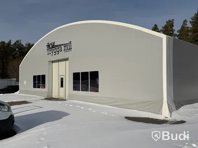 Tälthall 480m² med port och 2 kontor i kopplad byggbod