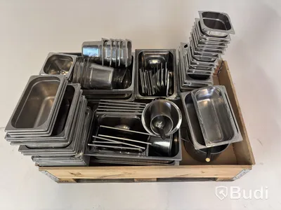 Lot of assorted food pans, buckets, etc.