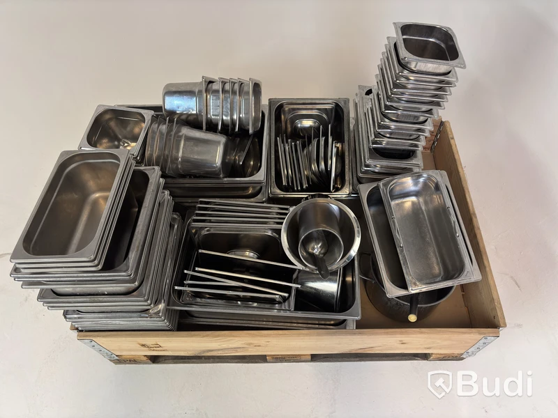 Lot of assorted food pans, buckets, etc.
