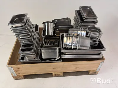 Lot of assorted food pans, buckets, etc.