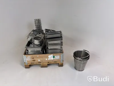 Lot of assorted food pans, buckets, etc.