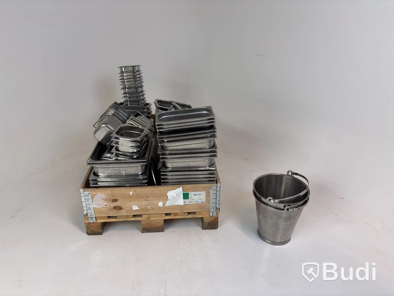 Lot of assorted food pans, buckets, etc.