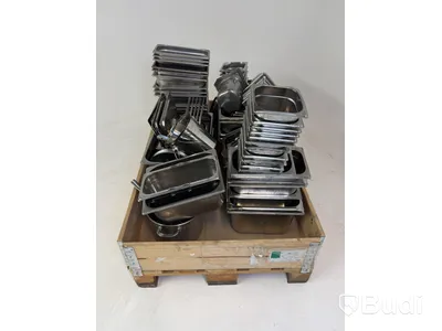 Lot of assorted food pans, buckets, etc.