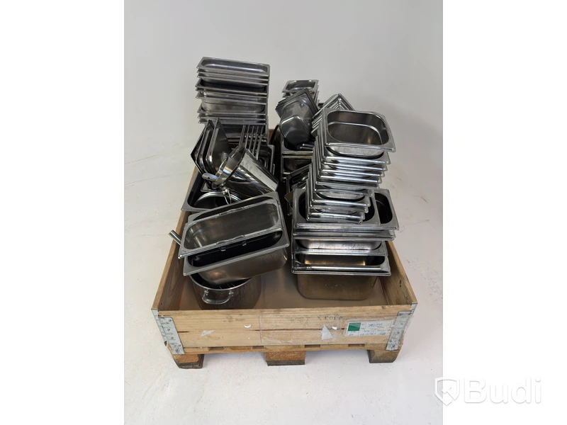 Lot of assorted food pans, buckets, etc.