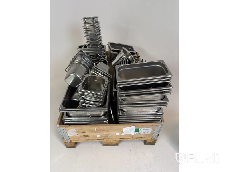 Lot of assorted food pans, buckets, etc.