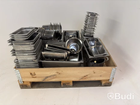 Lot of assorted food pans, buckets, etc.