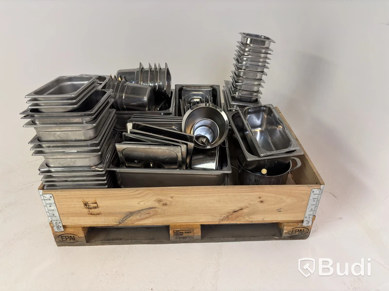 Lot of assorted food pans, buckets, etc.