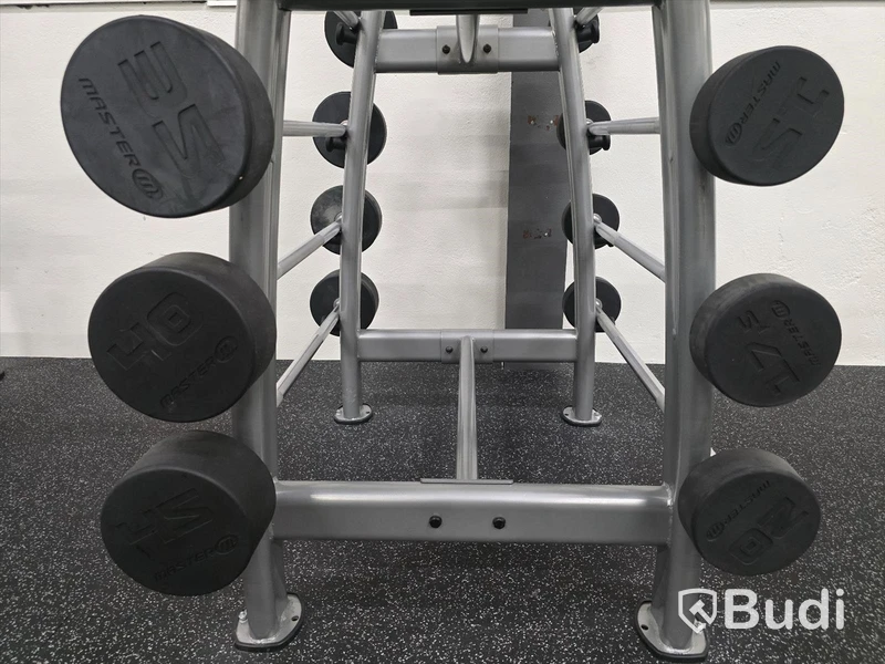 Skivstänger med fasta vikter 10-45kg.