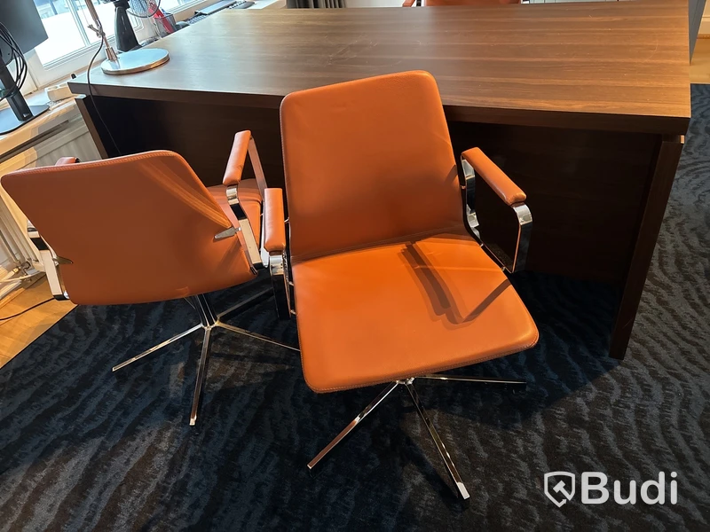 Arbetsplats: skrivbord inkl. 3 st. skinnstolar Johanson Design, matta samt bordslampa Artemide Tolomeo