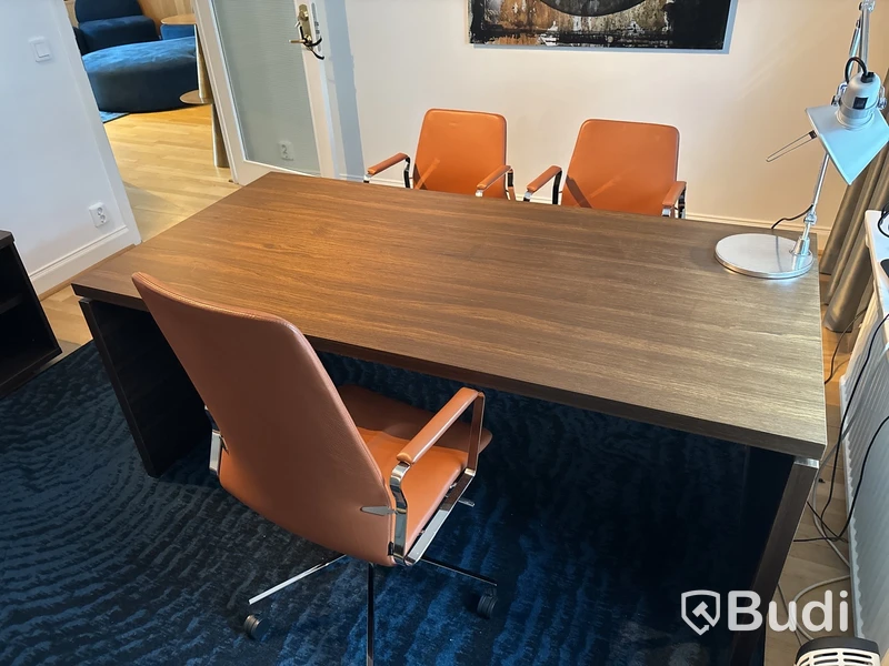 Arbetsplats: skrivbord inkl. 3 st. skinnstolar Johanson Design, matta samt bordslampa Artemide Tolomeo