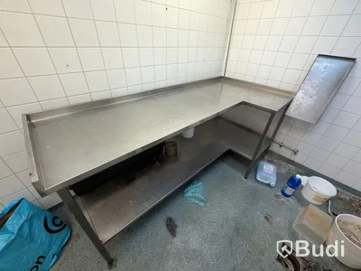 Stainless steel sink unit, 209 x 95 cm, 89 cm high