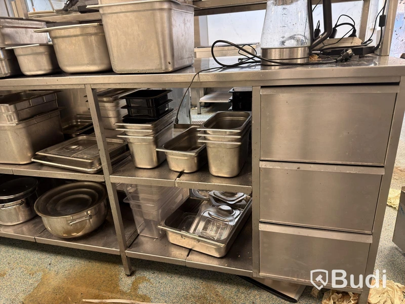 "Lucka", Stainless steel kitchen bench with storage, incl. contents.