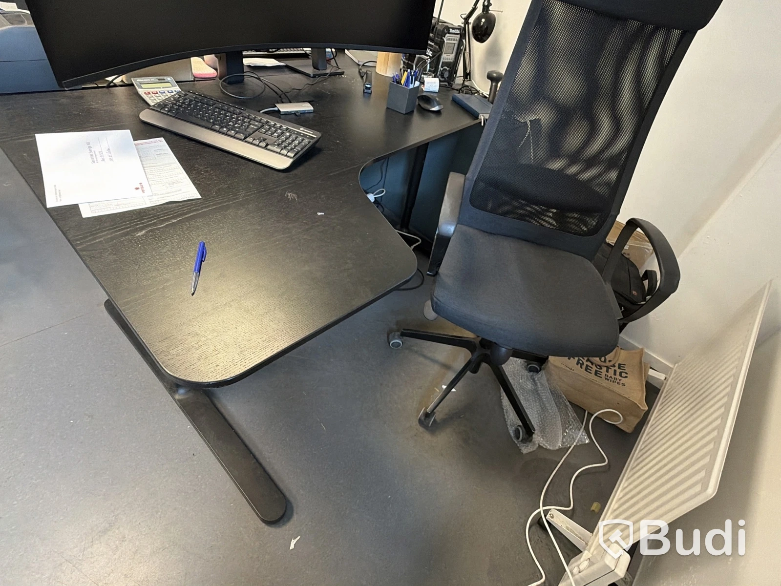 Office workstation with height-adjustable desk and office chair