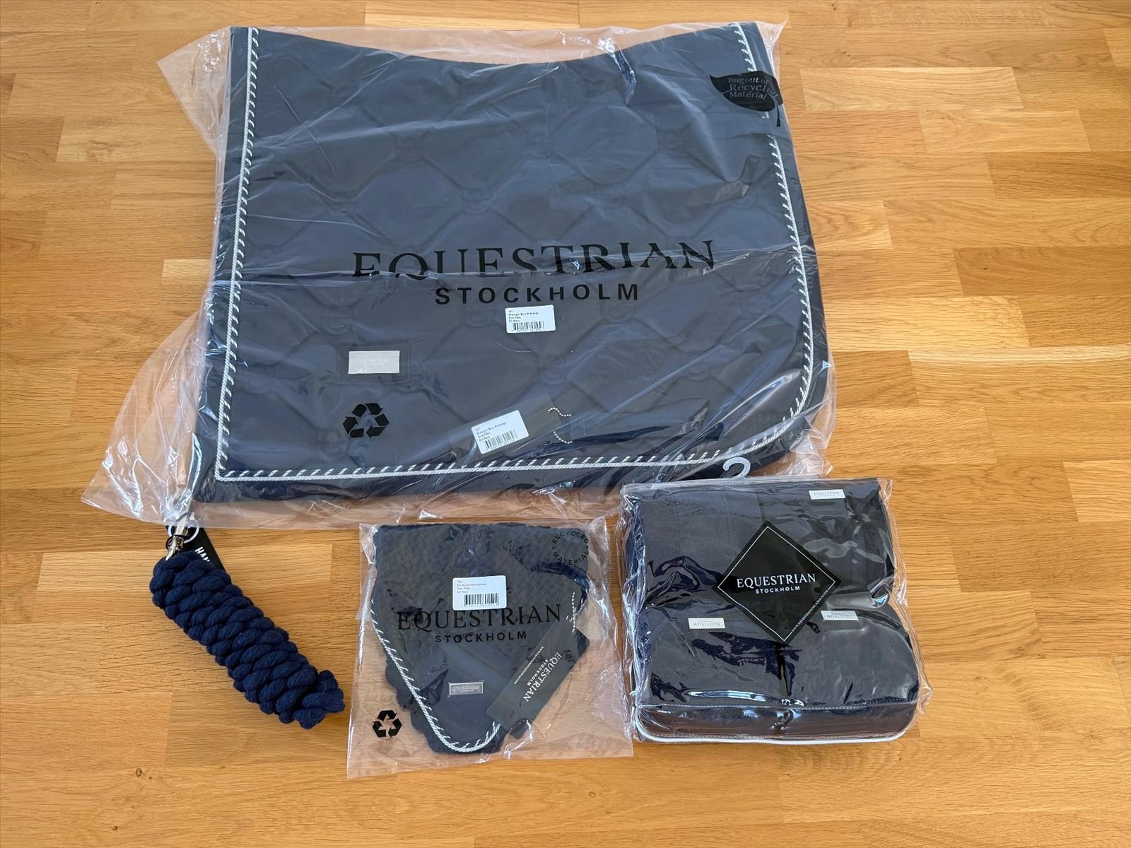 Dressage saddle pad, leg wraps and ear bonnet, Equestrian Stockholm, black/navy