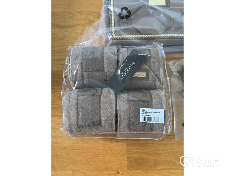 Dressage saddle pad, leg wraps and ear bonnet, Equestrian Stockholm, champagne