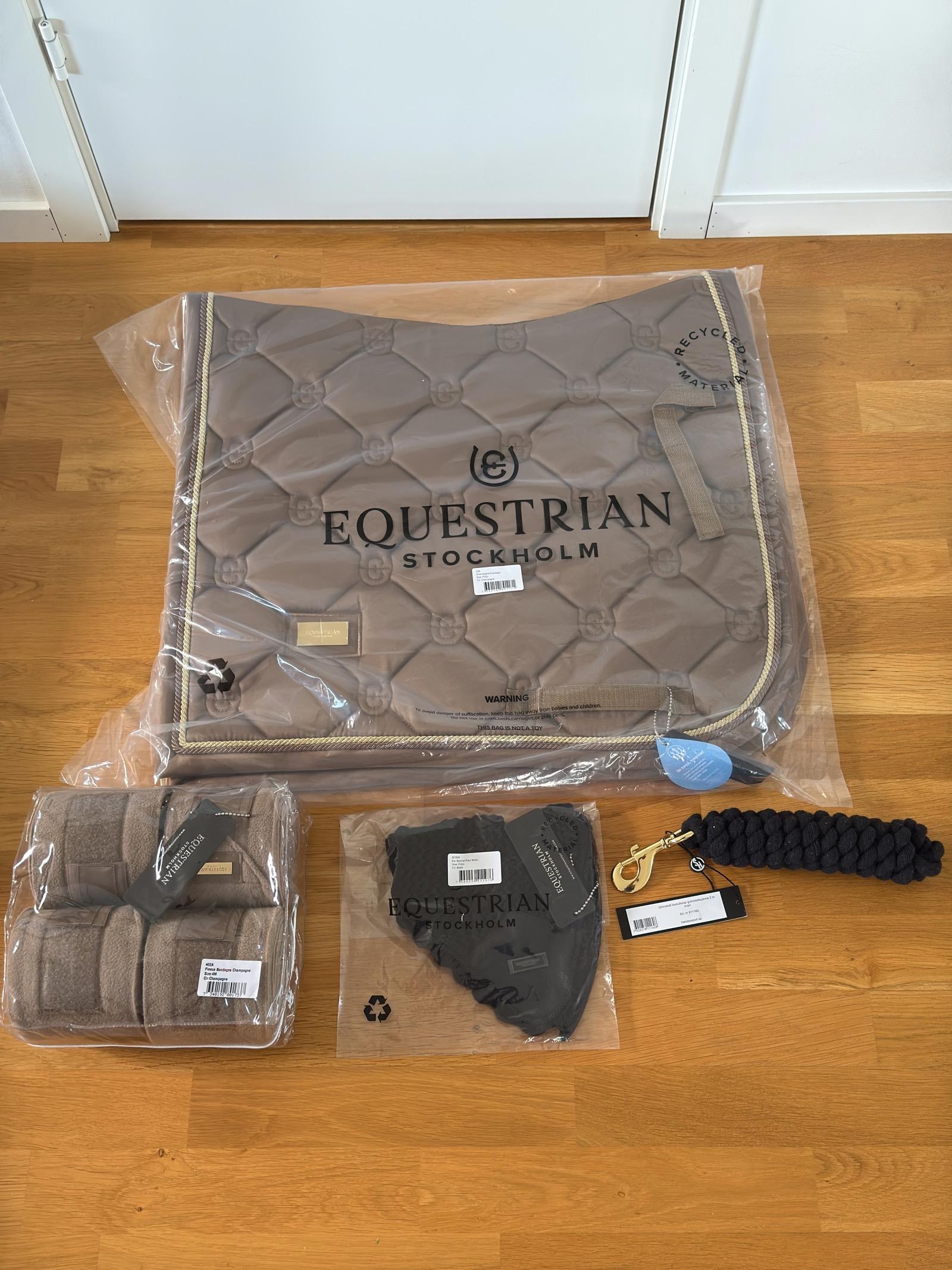 Dressage saddle pad, leg wraps and ear bonnet, Equestrian Stockholm, champagne
