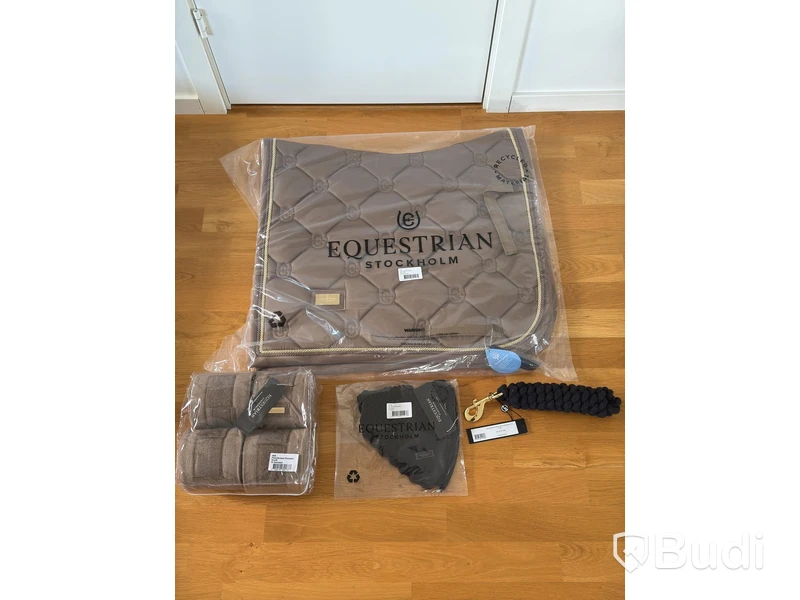Dressage saddle pad, leg wraps and ear bonnet, Equestrian Stockholm, champagne