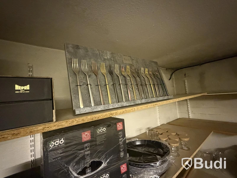 Glassware, cutlery, desk, etc.