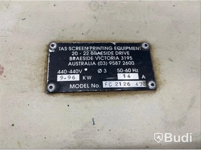 Automatisk screentryckmaskin TAS FC 2126 432 och oljefri skruvkompressor Atlas Copco SF11 FF (2005)