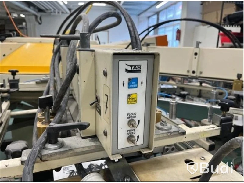 Automatisk screentryckmaskin TAS FC 2126 432 och oljefri skruvkompressor Atlas Copco SF11 FF (2005)