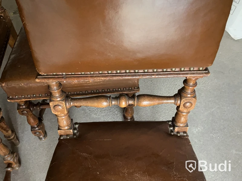 Chairs, set of 4, brown leather and wood