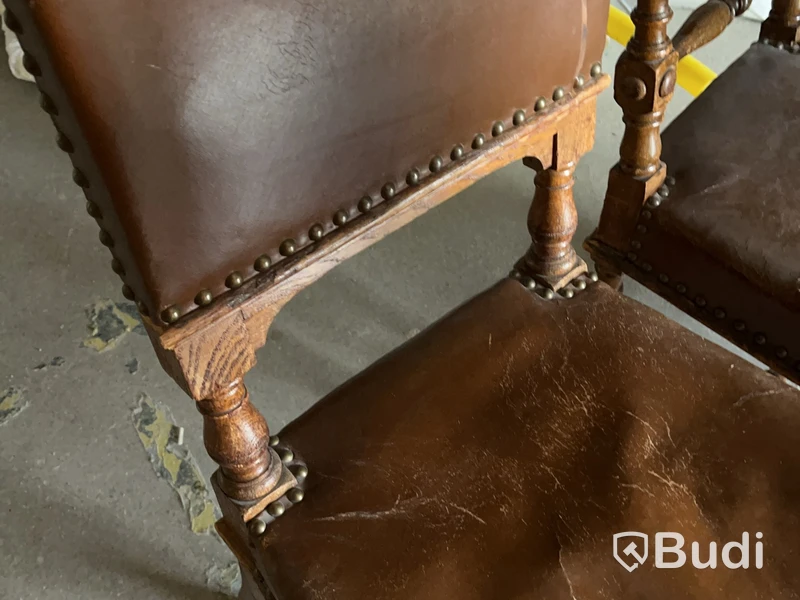 Chairs, set of 4, brown leather and wood