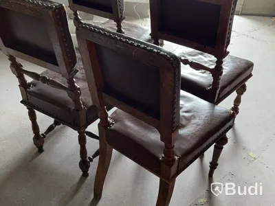 Chairs, set of 4, brown leather and wood