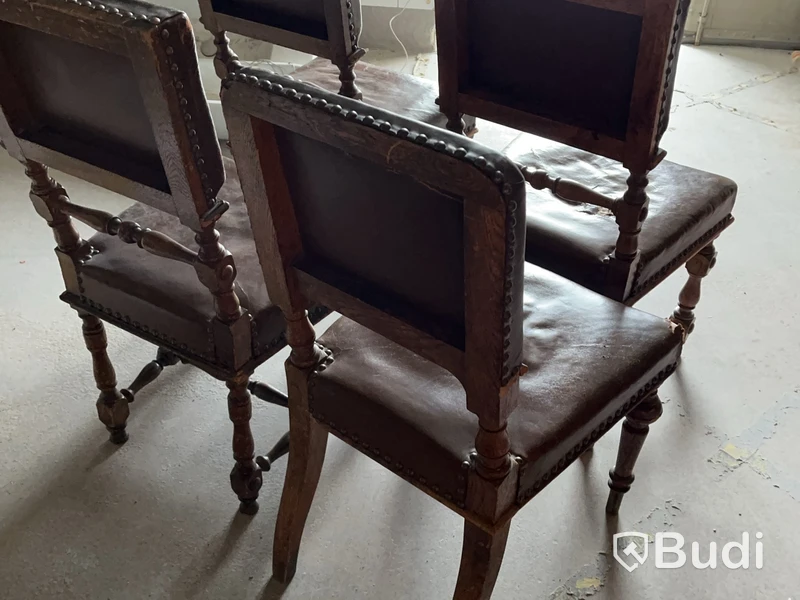 Chairs, set of 4, brown leather and wood