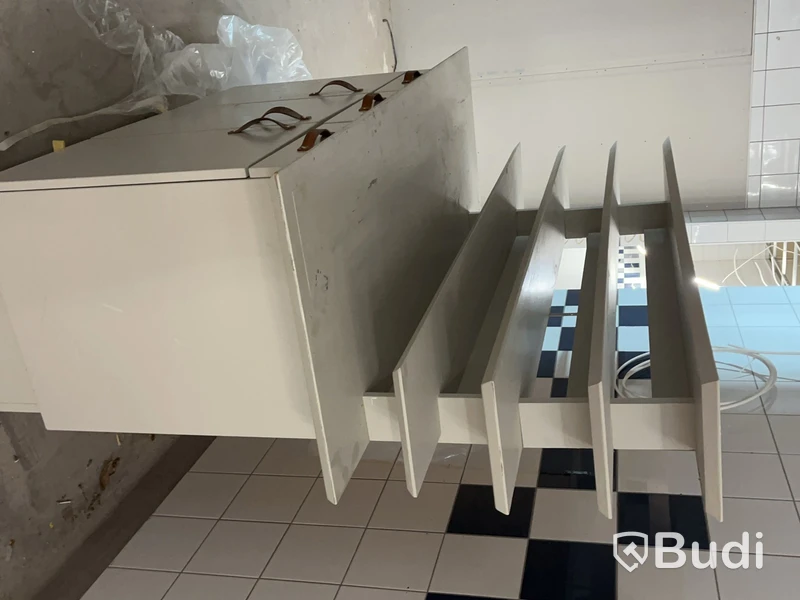 Wooden shop counter with shelves, 150 x 160 x 60 cm