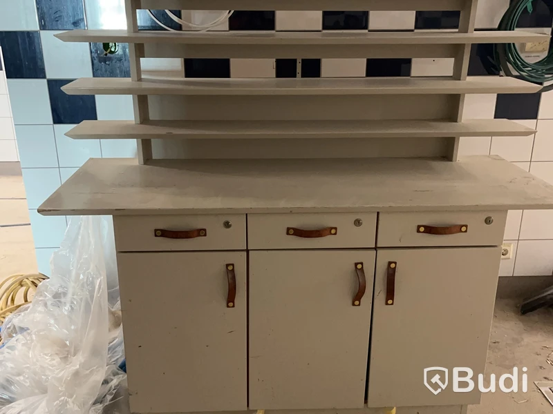 Wooden shop counter with shelves, 150 x 160 x 60 cm