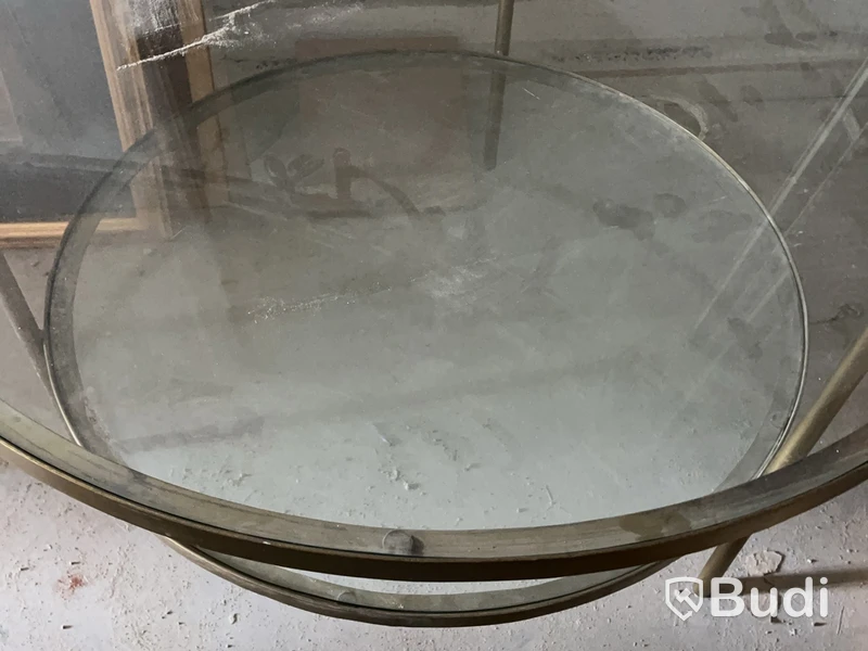 Soffbord, guld, två glasskivor, Ø90 cm