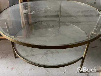 Soffbord, guld, två glasskivor, Ø90 cm