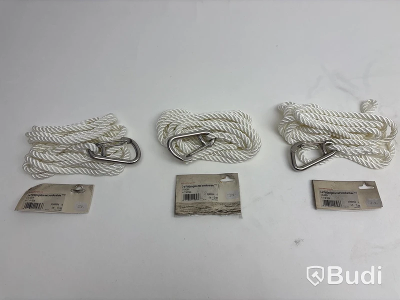 3 st. Förtöjningslinor med karbinhake Roblines, 3-slagen, omkrets 10 mm, 4 m, vit.