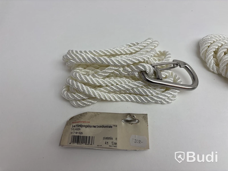 3 st. Förtöjningslinor med karbinhake Roblines, 3-slagen, omkrets 10 mm, 4 m, vit.