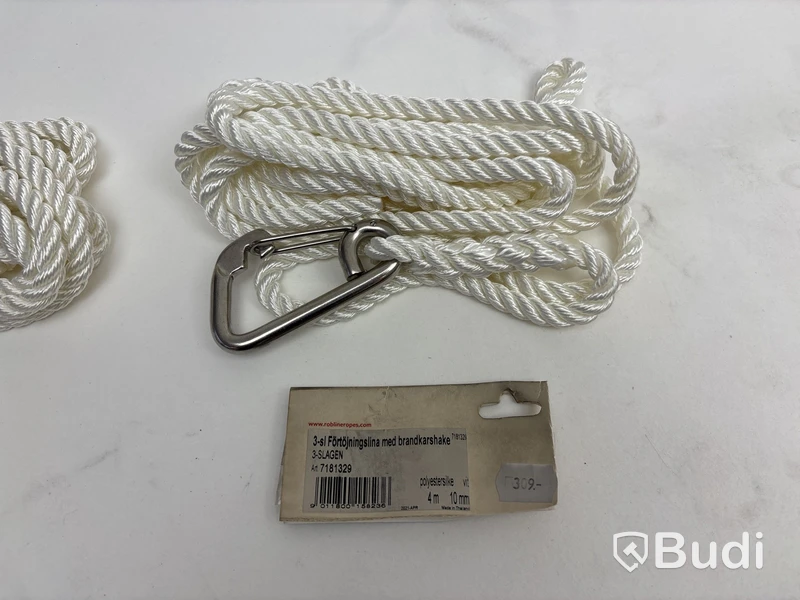 3 st. Förtöjningslinor med karbinhake Roblines, 3-slagen, omkrets 10 mm, 4 m, vit.