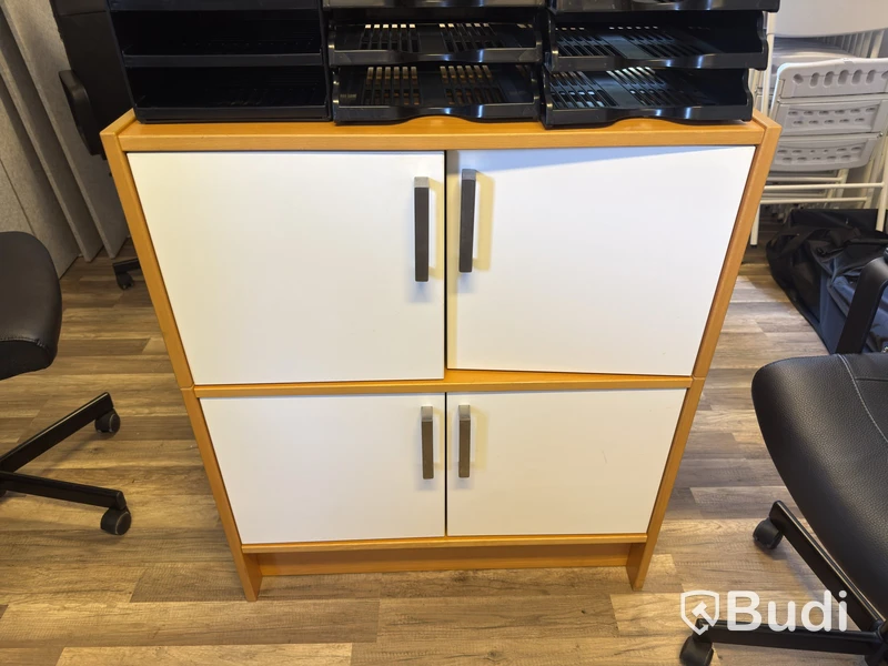 2 desks, partition panels & drawer unit
