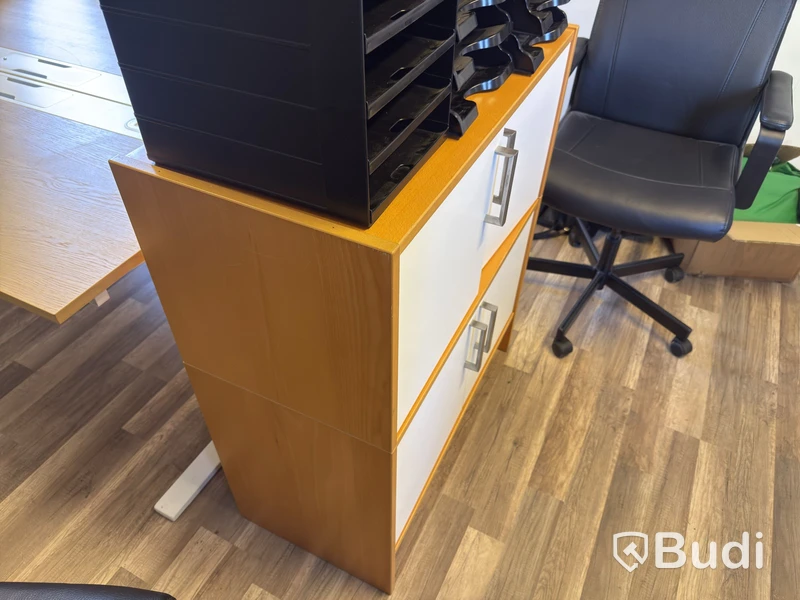 2 desks, partition panels & drawer unit