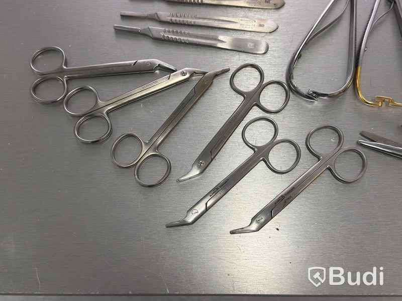 Assortment of stainless steel surgical instruments, incl. Kruuse, Dewimed and Glorius