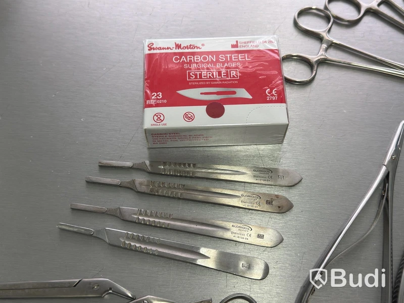 Assortment of stainless steel surgical instruments, incl. Kruuse, Dewimed and Glorius